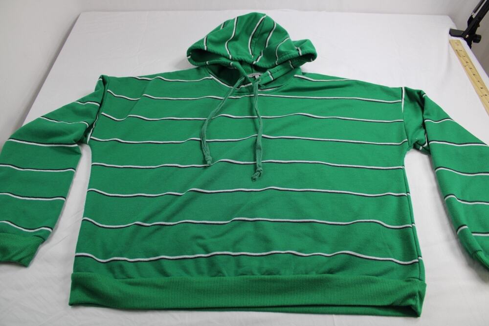 Charlotte Russe Womens L Green Striped Pullover Hoodie Sweatshirt Drawstring
